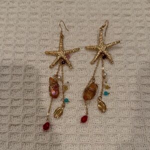 Gold Starfish Dangle Earrings with Multicolor Charms